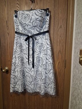 David's Bridal White Strapless Floral-Appliqué Dress with Black Ribbon